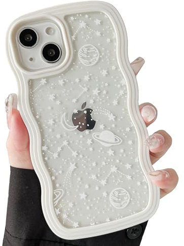 ZTOFERA Wavy Case for iPhone 14 Plus/15 Plus (6.7), Cute Clear Protective Case with Planet Star Moon Pattern, Hard PC Colored Wave Frame Soft Silicone Bumper Shockproof Cover for Girls Women, Cream