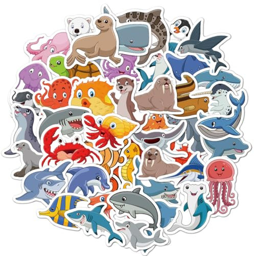100pcs Sea Animals Stickers for Kids - Waterproof Vinyl Fish Stickers for Water Bottle, Scrapbook, Laptop, Skateboard, Computer