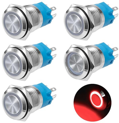 GUNGY Interruttore a Pulsante Autobloccante 19mm Pulsante 12V-24V 3A Impermeabile Interruttori a Pulsante in Ottone Cromato con Luce LED ad Anello Rosso 5 pezzi