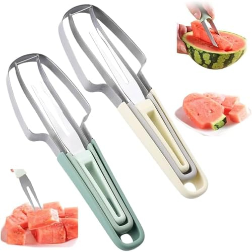 3-in-1 Wassermelonen Gabelschneider,2 Stücke Wassermelonen schneider edelstahl,Wassermelonen Messer,Wassermelonen Ausstecher,Melonenschneider Edelstahl,Wassermelonen-Fruchtschneidegabel,Obstschneider