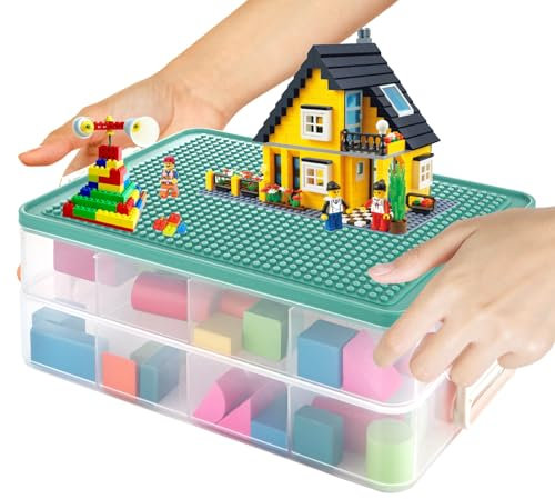 LOLYSIC Toy Storage Organizer Bins for Lego, Lego storage bins,Toy Organizer Bins with Compartments, Plastic Storage Box with Building Baseplate Lid, Toy Storage Box, Plastic Stackable Organizer Bins
