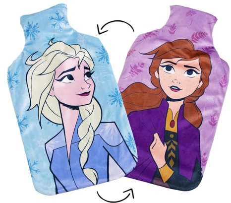 Disney Reversible Hot Water Bottles – Frozen Plush Cover – Natural Rubber 2L Capacity - Anna/Elsa Design - Reversible