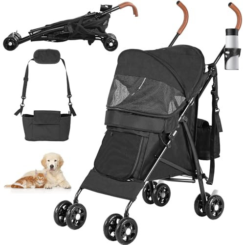 YITAHOME Hundebuggy Bis 11,3kg Klappbar, Katzenwagen, 360°Verschleißfeste EVA-Räder, Ablagekorb, Netzfenstern, Getränkehalter, Hundewagen für kleine hunde, Katzenbuggy (Schwarz)