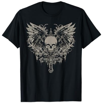 Totenkopf Kreuz Y2K Goth Alt Grunge Gothic Emo Ästhetische Flügel T-Shirt
