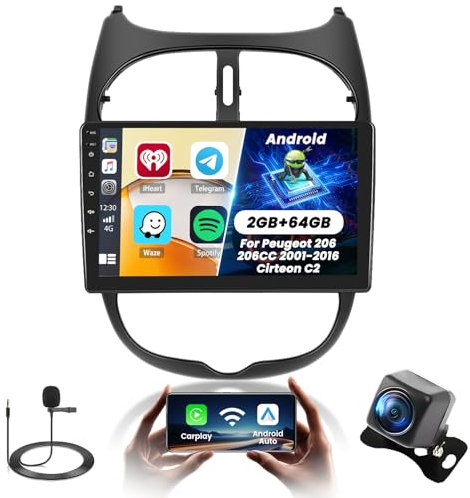 Fuluku 2+64G Android Autoradio für Peugeot 206/206CC 2001-2016 Cirteon C2 mit Wireless Carplay&Android Auto, 9'' IPS Touchscreen Radio mit Bluetooth/GPS/Rückfahrkamera/FM/WiFi/SWC/26UI