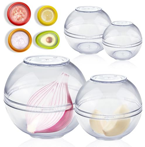 WZYTEU 4 Stück Frischhaltekugeln + Avocado Box 4er Set, AS Zwiebelbehälter 7 & 9 cm Ø für Obst, Zwiebeln, Knoblauch, Kühlschrank(Transparent)