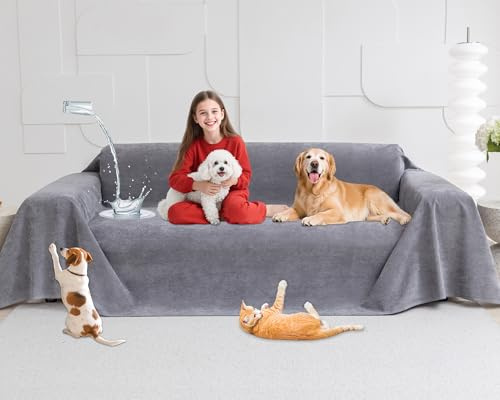 Loiion Wasserdichter Sofabezug Hund Katze 380x230cm Grau rutschfest | Hundedecke Schonbezug Couch Wasserabweisend Kratzfest Maschinenwaschbar Rutschfest Beidseitig Haustier 380x230cm