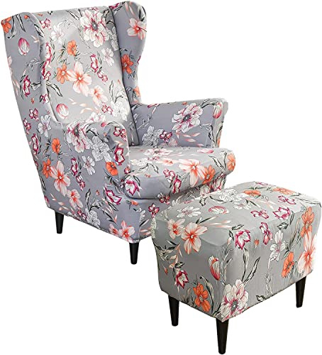 ZGantrix Ohrensessel überzug mit Hocker Bezug, 2 Teilig Sessel-Überwürfe+1 Teilig Ottomane Schonbezug, Beige/Grün/Rosa/Blau Ohrensessel Schonbezüge Sesselhusse Stretch Tiger Stuhlbezug mit Armlehne