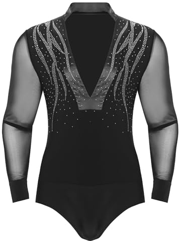 iEFiEL Glitzer Herren Latein Hemd V-Ausschnitt Tango Rumba Hemd Body Einteiler mit Knöpfen im Schritt Turnier Shirt Trikot Tanz Kostüm Xa Schwarz L