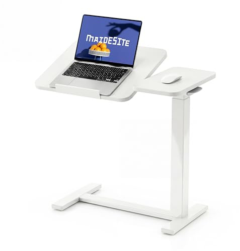 MAIDeSITe Beistelltisch C-Form mit Rollen,höhenverstellbarer Laptoptisch für Sofa&Bett,mobiler Beistelltisch mit geteiltem Tischdesign für Wohnzimmer&Schlafzimmer-Weiß