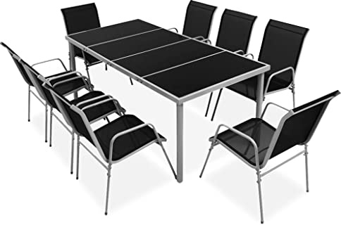 Owoxanthellate 9tlg Gartenmöbel Set 190x90 cm mit Tisch aus gehärtetem Glas und 8 stapelbaren Stühlen aus Stahl und Textilene Schwarz für Balkon Terrasse und Garten im modernen Design