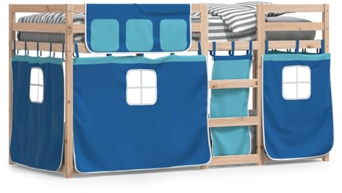 HETFTJN Etagenbett Kiefer massiv 75x190 cm mit blauen Vorhängen, Rausfallschutz & Leiter, platzsparendes Jugendbett für Kinder ab 6 Jahren, Modernes Design für Schlafzimmer und Gästezimmer