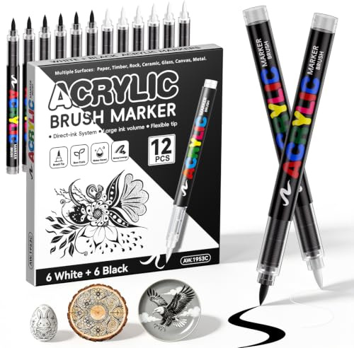 Sonlaryin 6 Negros y 6 Blancos Rotuladores Acrilicos Permanentes | Rotuladores Acrílicos de Pintura Acrílica Pincel para Pintar Piedras, Tela, Cerámica, Vidrio, Madera, Metal - 12 Piezas