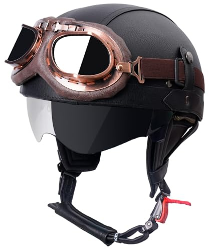 Retro Helm Motorradhelm Lederhelm Jethelme Vintage Mopedhelm Mit Brille ECE Zertifiziert Motorradkreuzer-Rollerhelm im Deutschen Stil