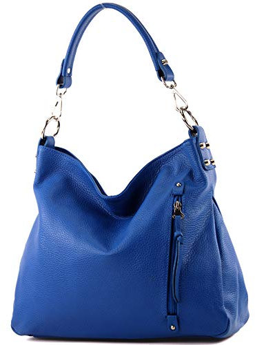 modamoda de T183 Damen Schultertasche Handtasche Tragetasche Echtleder Groß handmade in Italy, Farbe:Blau