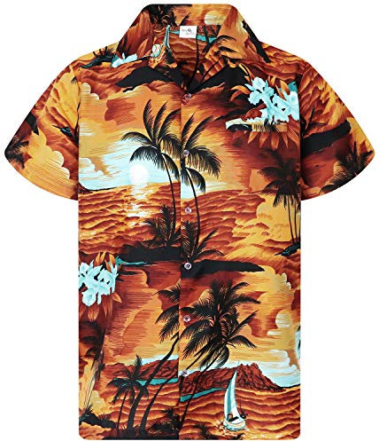 King Kameha Men's Surf-Shirt Short-Sleeve Casual-Button-Down Hawaii-Vacation, Surf, Brown-Turquoise, XS