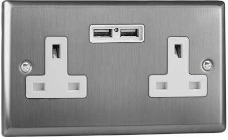 Varilight Double Unswitched Plug Socket With USB Charging - Classic Brushed Steel With White Insert, XT5U2W