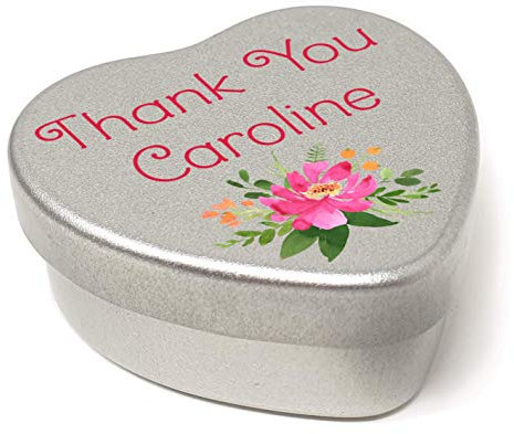 Personalised Thank You Name Heart Shaped Mini Tin Any Name Added Bright Pink Abstract Bouquet Gift for Someone Special filled with mini chocolates