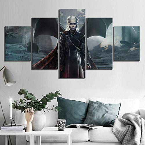 VENDISART,Leinwanddrucke,Modulare Wandkunst Wandaufkleber,5 Teiliges Wandbild,Game of Thrones Drachenkönigin Daenerys Targaryen,Mit Rahmen,Größe:M/B=150Cm,H=80Cm