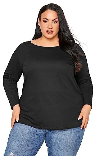 Yours Curve Essential Cotton Soft Stretch Long Sleeve Scoop Neck Tee T-Shirt - Women's - Plus Size Black 30-32
