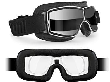 BERTONI Motorradbrille Schutzbrille für Harley Davidson Chopper und Scrambler aus schwarzem Leder und Chrom Rahmen mod. 188 (Selbsttönend Linse + Optischer Adapter)
