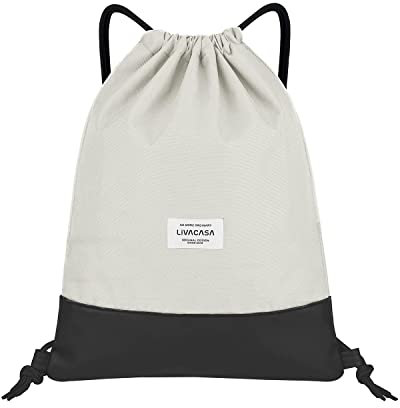 LIVACASA Turnbeutel Mit Reißverschluß Innentasche Sportbeutel mit Leder Hipster Gym Bag Beutel Gefüttert Rucksack Mit Verstellbar Tunnelzug Gymsack Turnsack für Damen Herren Beige