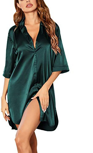 Ekouaer Chemise de Nuit Femme Ete 3/4 Manches Longues Ete Satin Grande Taille Sexy Chic Courte Vêtements de Nuit Femme, Vert Foncé, XL