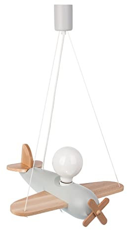 HELLUX Kinderzimmer Lampe Decke aus Holz | Deckenleuchten für Kinder | Kinderlampe Decke 70x42x41cm für Babyzimmer | Flugzeug Lampe E27 ohne Leuchtmittel (Rot/Orange)