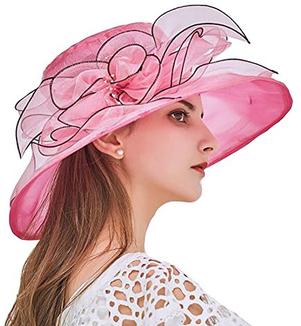 ZESLIV Sombrero de organza para mujer, para bodas, para bodas, para el sol, flores, verano, playa, paja, Rosa., 58