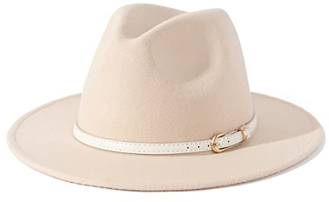 Lisianthus Damen Klassischer Filzhut mit breiter Krempe und Gürtelschnalle, Weißer Gürtel-cremig, M