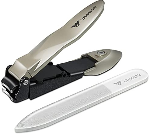VANWIN Nail Clippers with Catcher, No Splash Fingernail Toenail Clippers with Sharp Curved Blade and Glass Nail File, Wide Jaw Opening Stainless Steel Nail Cutter Trimmer for Seniors Adult Men Women