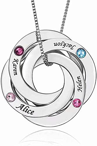 Russische Ring Halskette mit Gravur 3 bis 4 Geburtsstein Kinder Name Namenskette für Damen Mädchen Mutter Oma Familienkette Personalisiert Rund kreis Kette in 925 Sterling Silber Geschenkbox