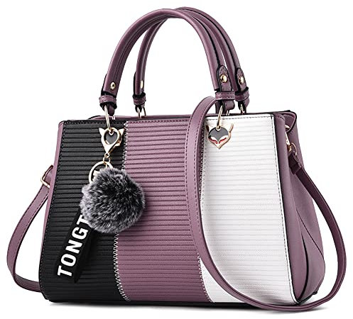DORRISO Moda Bolsos de Mano Mujer Lindo Pompones Colgante Bolsa de Hombro PU Cuero Trabajo Escuela Viajes Casual Diario Mujer Bolsos Púrpura