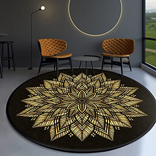 WLICWEI Traditioneller Orientteppich fusselfrei Esszimmer Eingangsbereich Foyer Wohnzimmer Schlafzimmer Bereichsteppich Ethno-Stil Goldener floraler schwarzer Hintergrund ø 90 cm