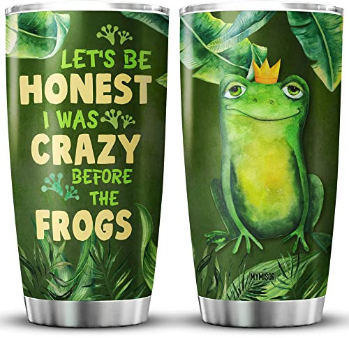 MYMISOR Froschbecher, niedlich, 590 ml, Lets Be Honest I Was Crazy Before The Frogs, Edelstahlbecher, lustige Tierliebhaber, Geschenke für Frauen, tropische grüne Blätter, Vakuumbecher