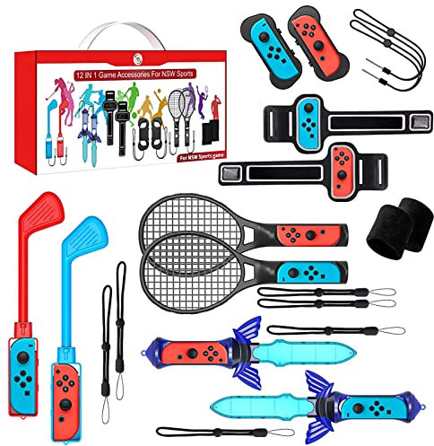 Aceshop 12 in 1 Switch Sports Zubehör Set Kompatibel mit Nintendo Switch / Nintendo Switch OLED Switch Sports Kits mit Tennisschlägern Golfschlägern Skyward Sword Wrists & Legs Straps (12)