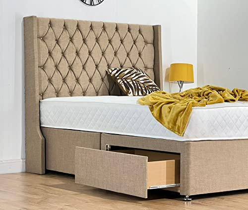 J&S BEDS J&S Official Wool Divan Base Bed Ottoman Style + 54 Wingback Chesterfield Upholstered Headboard 2X Drawers Footend Storage Soft Plush Velvet (Royal Blue Plush 4Ft6 Standard Double)