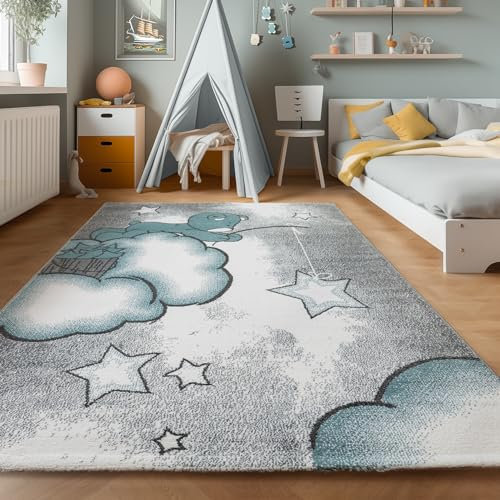Teppich Kinderzimmer Bär-Himmel Wolken Sterne Design Kurzflor Kinderteppich mädchen Spielteppich Modern Design Babyzimmer Teppiche für Junge und Mädchen Extra Weich 140 x 200 cm