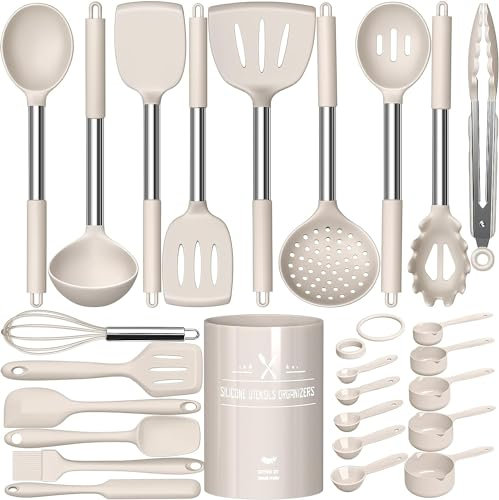 Juego de utensilios de cocina, 26 piezas, utensilios de cocina de silicona, resistentes al calor, con soporte para utensilios, antiadherente, con mango de acero inoxidable, apto para lavavajillas,