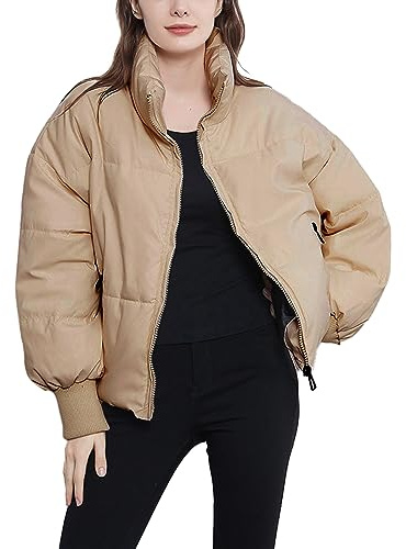 Vanchenl Damen Winter Casual Zip Warm Puffer Jacke Lose Stand Kragen Langarm Kurz Gepolstert Daunenmäntel