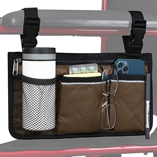 Rollstuhlaufbewahrungstasche Armlehnentasche mit Becherhalterung und reflektierendem Streifen, für die meisten Rollstühle, Gehhilfen oder Rollatoren (Kaffee)
