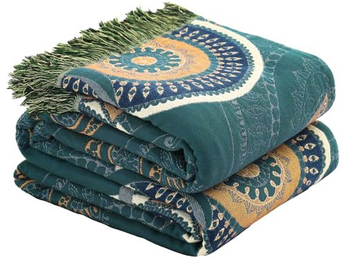 Wotcsil Boho Decke Kuscheldecke 150 x 200 cm Baumwolldecke Tagesdecke Boho Sofaüberwurf Blumenmuster Decke Blanket Sofadecke Boho Bettüberwurf Couchdecke Sesseldecke Kuscheldecke, Grün