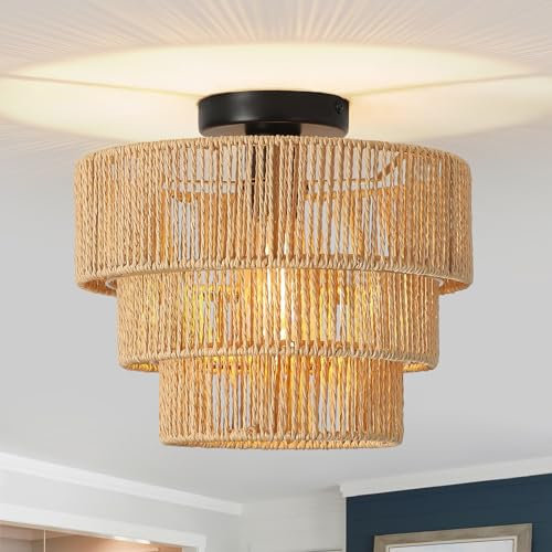 FORCOSO Deckenleuchte Rattan, 3 Lagen Boho Lampe Decke mit Natürlicher Rattan Lampenschirm, E27 Vintage Kronleuchter, Rustikal Braun Deckenlampe Für Wohnzimmer Schlafzimmer Esszimmer Küche Flur