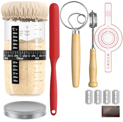 DIY Sauerteig-Starter-Set, perfekt für hausgemachtes Brot und Pizza, inklusive Thermometer, Silikon-Spatel, Stoffabdeckung, Teigbesen, Brotlame, Kunststoffschaber und Metalldeckel, 1000 ml breiter