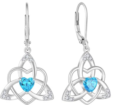 FJ Herz Keltischer Knoten Ohrringe Damen 925 Sterling Silber Hängend Geburtsstein Ohrringe Irischer Glücksschmuck Geschenke für Frauen