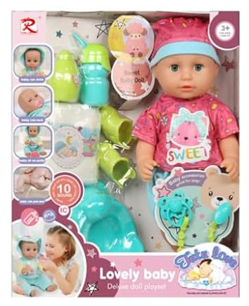 Poupon 25,5 cm avec sons, boit et fait pipi + accessoires