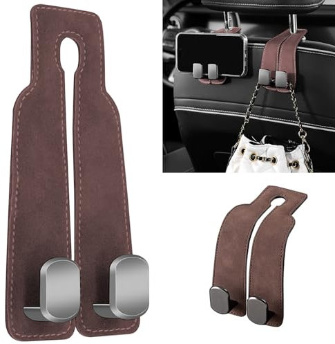 2Pcs Double Car Seat Hooks - Convenient Headrest Hooks for Handbags, Bags, Purses (Brown)