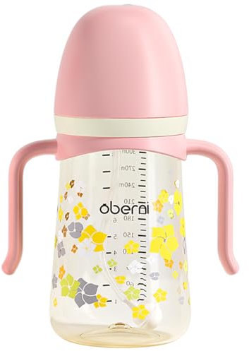 Oberni Trinklernbecher mit Strohhalm, Baby Trinklernflasche ab 6 Monaten, Kinder Trinklerntassen Auslaufsicherer, Spülmaschinengeeignet, BPA frei, PPSU, 300ml, Rosa, 1Stück