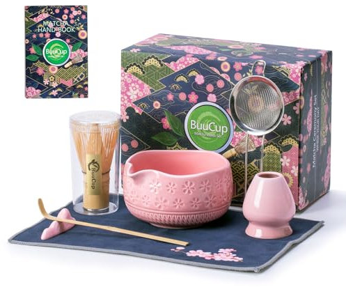 Buucup Matcha Whisk Set, 7 Pcs Pink Ceramic & Bamboo Matcha Kit with Bowl, Whisk, Holder, Scoop, Rest, Sifter, Tea Towel