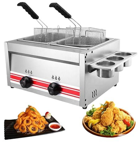 Friteuse à Gaz Commerciale De Comptoir 6 L * 2, Friteuse Commerciale avec 2 Paniers Et Couvercles, Propane Gpl en Acier Inoxydable pour Frites, Dinde, Beignets, Cuisine à Domicile
